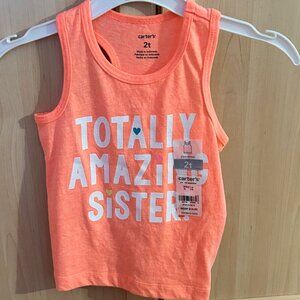 NWT Carter’s Girls Racerback Tank – Size 2T – “Totally Amazing Sister” – Orange